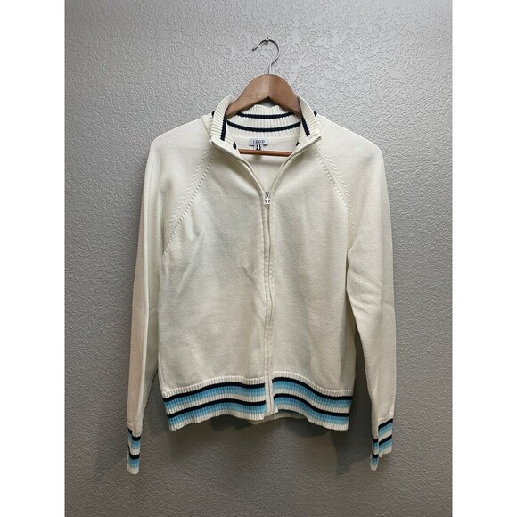 Vintage IZOD Full  Zip Up Cotton Preppy Sweater White w/ Blue Stripes  Size XL - Picture 1 of 11